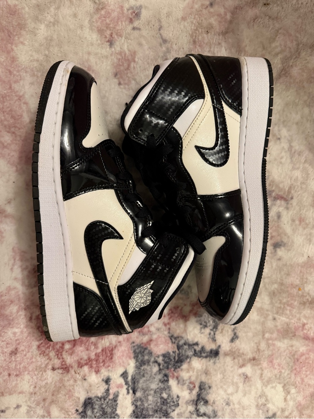 Nike Air Jordan 1 Mid - Black and Cream Patent Leather Sneakers